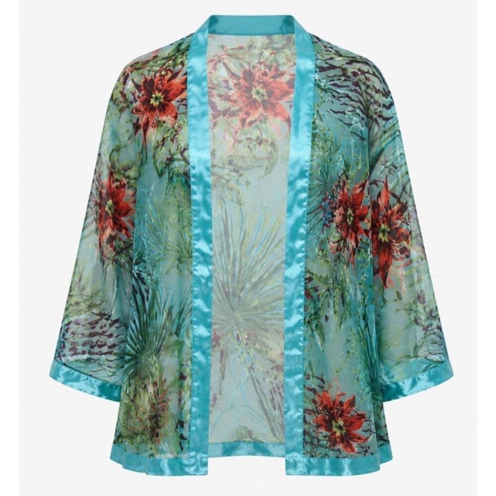 Chico's Paradise Escape Kimono Silk Blend Open Front Top Large XL Longline BIRD
